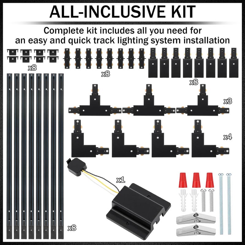 Kingdder H Track Lighting Rails Kit 26 ft Black 3 Wire Floating Canopy Connector, I and l Connector with End Caps and Live End Feed for Single Circuit H Style LED Track Lighting Heads - Image 2